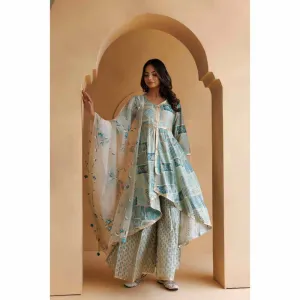Geroo Jaipur Light Blue Printed Kurta with Pant and Hand painted Organza Dupatta (Set of 3)