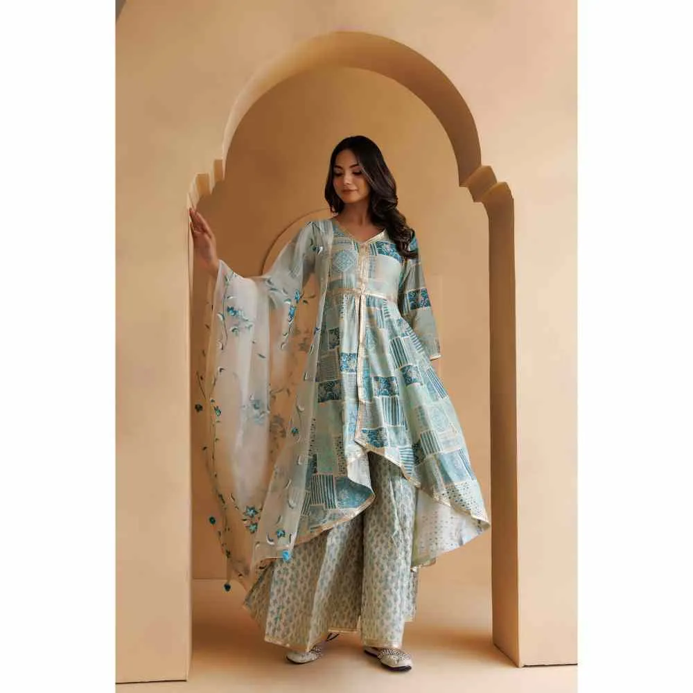 Geroo Jaipur Light Blue Printed Kurta with Pant and Hand painted Organza Dupatta (Set of 3)