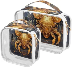 Golden-crab-astrological 2 Pack Clear Toiletry Bag Women Men, Portable Waterproof Clear Pouch, Cosmetic Bag with Double Zippers Large Opening Traveling with Handle for Bathroom Traveling Vacation Orga