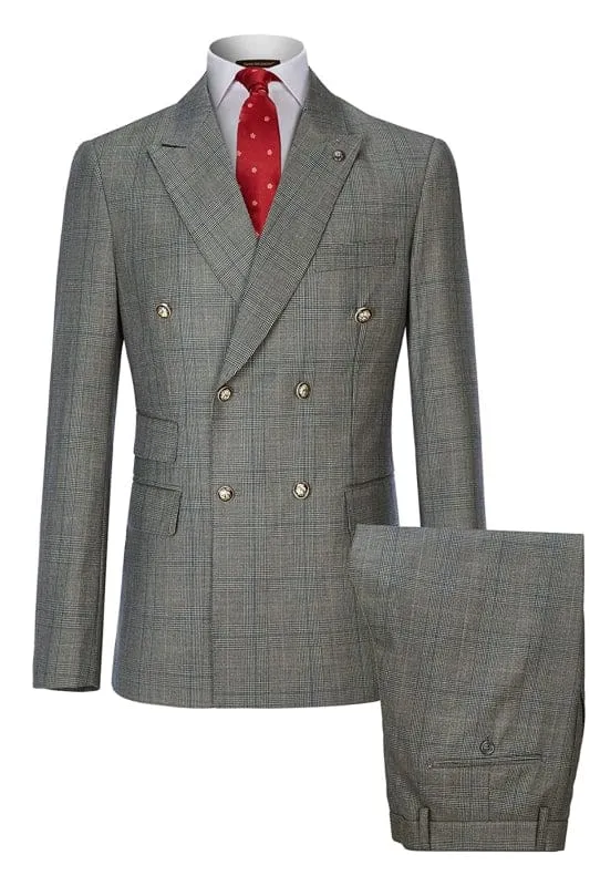 Gray Double Breasted Plaid Business Suits Formal Wedding Suits