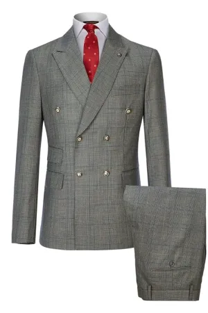 Gray Double Breasted Plaid Business Suits Formal Wedding Suits