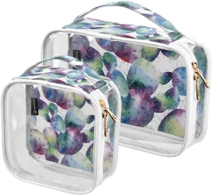 Green-cactus-flowers Pattern 2 Pack Clear Toiletry Bag Women Men, Portable Waterproof Clear Pouch, Cosmetic Bag with Double Zippers Large Opening Traveling with Handle for Bathroom Traveling Vacation