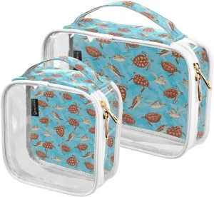 Green-sea-turtle Print 2 Pack Clear Toiletry Bag Women Men, Portable Waterproof Clear Pouch, Cosmetic Bag with Double Zippers Large Opening Traveling with Handle for Bathroom Traveling Vacation Organi
