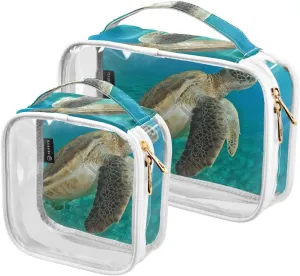 Green-turtle-swimming-blue 2 Pack Clear Toiletry Bag Women Men, Portable Waterproof Clear Pouch, Cosmetic Bag with Double Zippers Large Opening Traveling with Handle for Bathroom Traveling Vacation Or