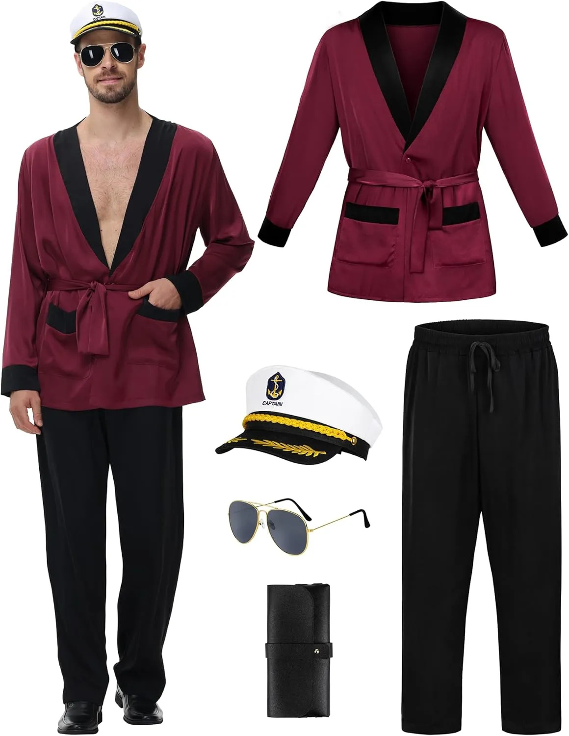 Halloween Red Silky Robe Jacket Men's Captain Costume Set Pajama Pants Outfits Captain Hat Sunglasses Accessories