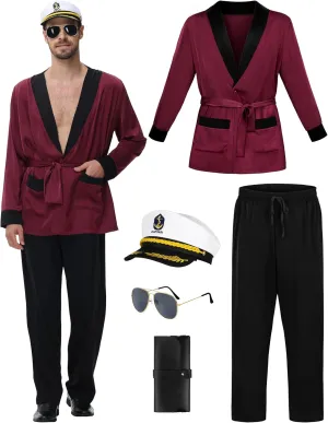 Halloween Red Silky Robe Jacket Men's Captain Costume Set Pajama Pants Outfits Captain Hat Sunglasses Accessories