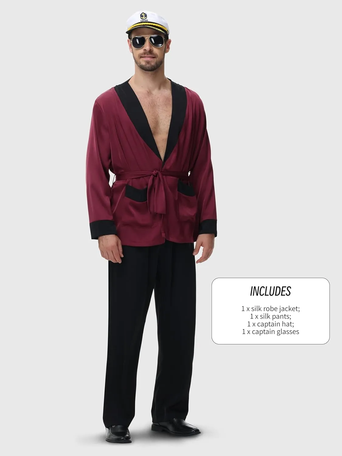 Halloween Red Silky Robe Jacket Men's Captain Costume Set Pajama Pants Outfits Captain Hat Sunglasses Accessories
