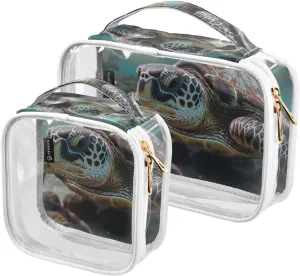 Hawksbill-turtle-print 2 Pack Clear Toiletry Bag Women Men, Portable Waterproof Clear Pouch, Cosmetic Bag with Double Zippers Large Opening Traveling with Handle for Bathroom Traveling Vacation Organi