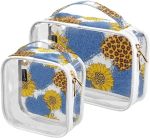 Hearts-sunflowers 2 Pack Clear Toiletry Bag Women Men, Portable Waterproof Clear Pouch, Cosmetic Bag with Double Zippers Large Opening Traveling with Handle for Bathroom Traveling Vacation Organizing