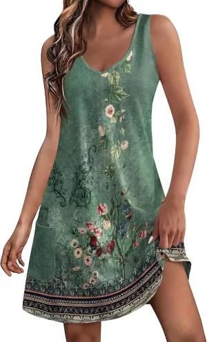HHmei Women's Summer Dresses 2024 Beach Casual Sleeveless Floral Print Boho Tank Dress V Neck Loose Sundress with Pocket