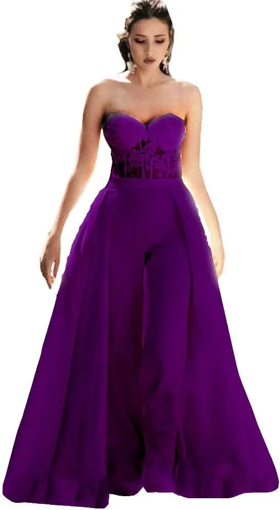 Honeydress Women's Strapless Sweetheart Jumpsuit Prom Dress with Waist Cloak Pants Wedding Dress