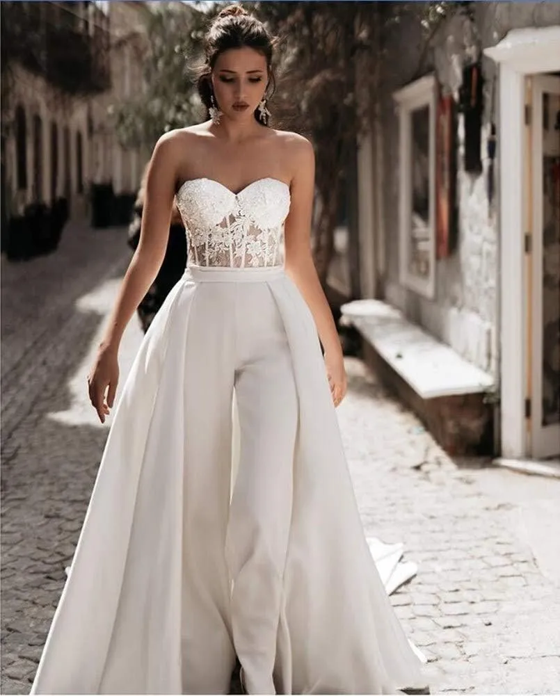 Honeydress Women's Strapless Sweetheart Jumpsuit Prom Dress with Waist Cloak Pants Wedding Dress
