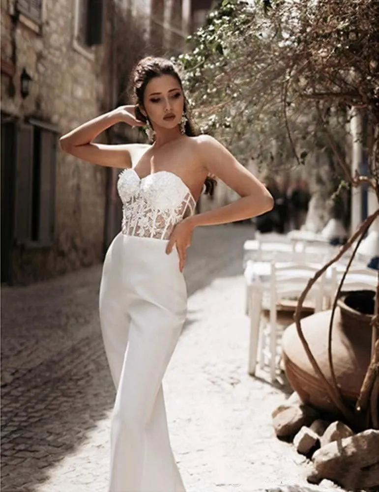 Honeydress Women's Strapless Sweetheart Jumpsuit Prom Dress with Waist Cloak Pants Wedding Dress