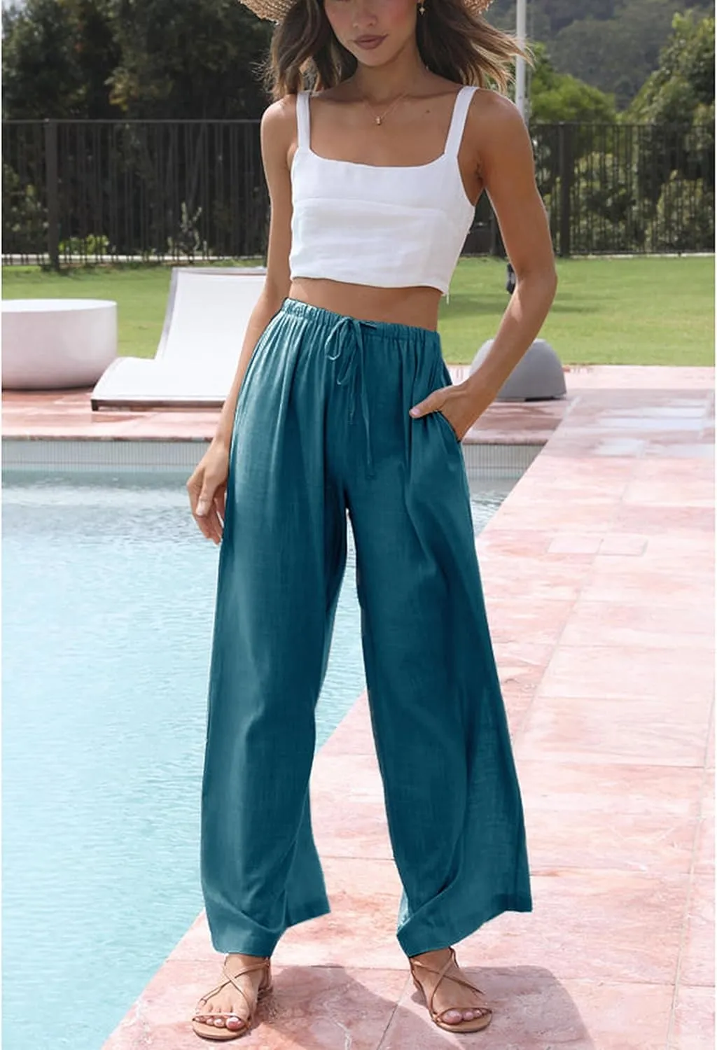 Hooever Women's Wide Leg Cotton Linen Pants High Waist Adjustable Tie Knot Lounge Trousers