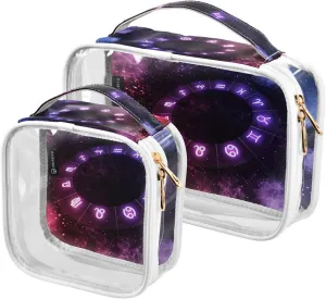 Horoscope-circle 2 Pack Clear Toiletry Bag Women Men, Portable Waterproof Clear Pouch, Cosmetic Bag with Double Zippers Large Opening Traveling with Handle for Bathroom Traveling Vacation Organizing