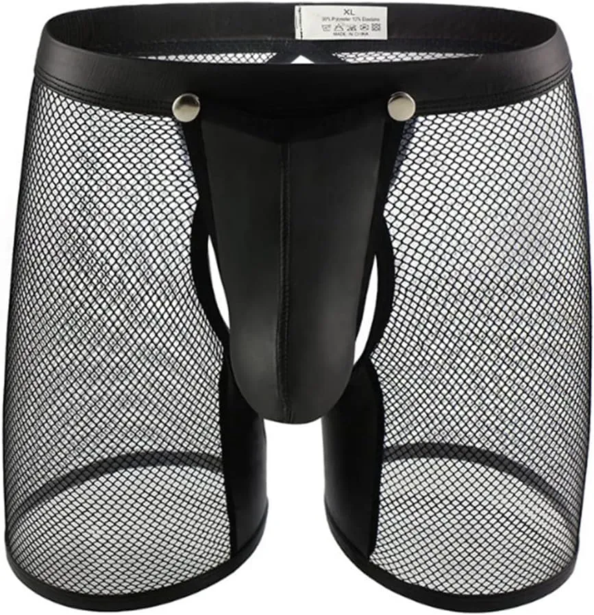 HSQSMWJ Men's Wet Look Leather Boxer Shorts Pants Erotic Clubwear Button Removable Pouch