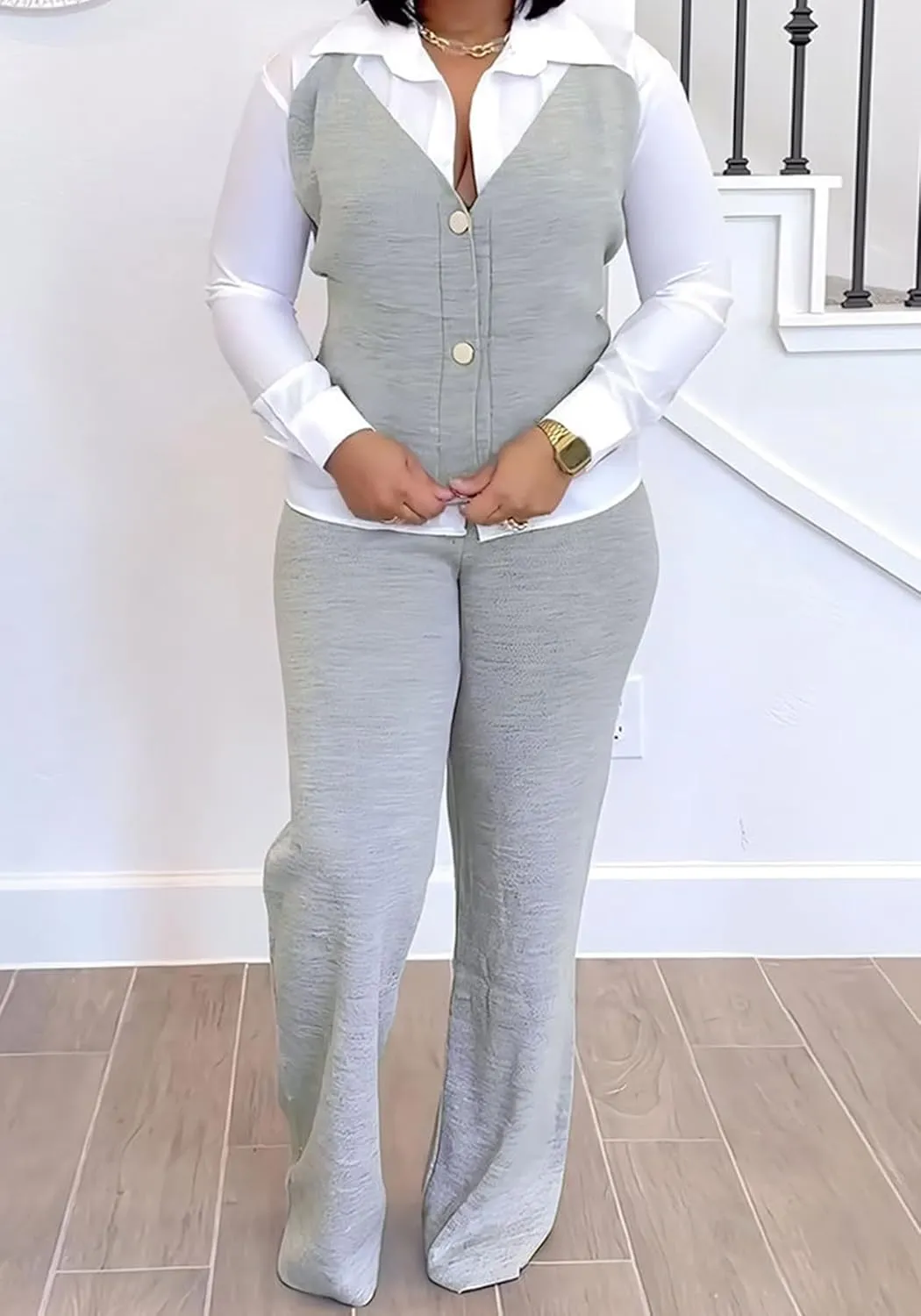 HuiSiFang Women 2 Piece Sets Dressy Casual Long Sleeve Patchwork Vest and Pants Set Work Outfits