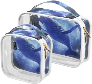 Humpback-whale Print 2 Pack Clear Toiletry Bag Women Men, Portable Waterproof Clear Pouch, Cosmetic Bag with Double Zippers Large Opening Traveling with Handle for Bathroom Traveling Vacation Organizi