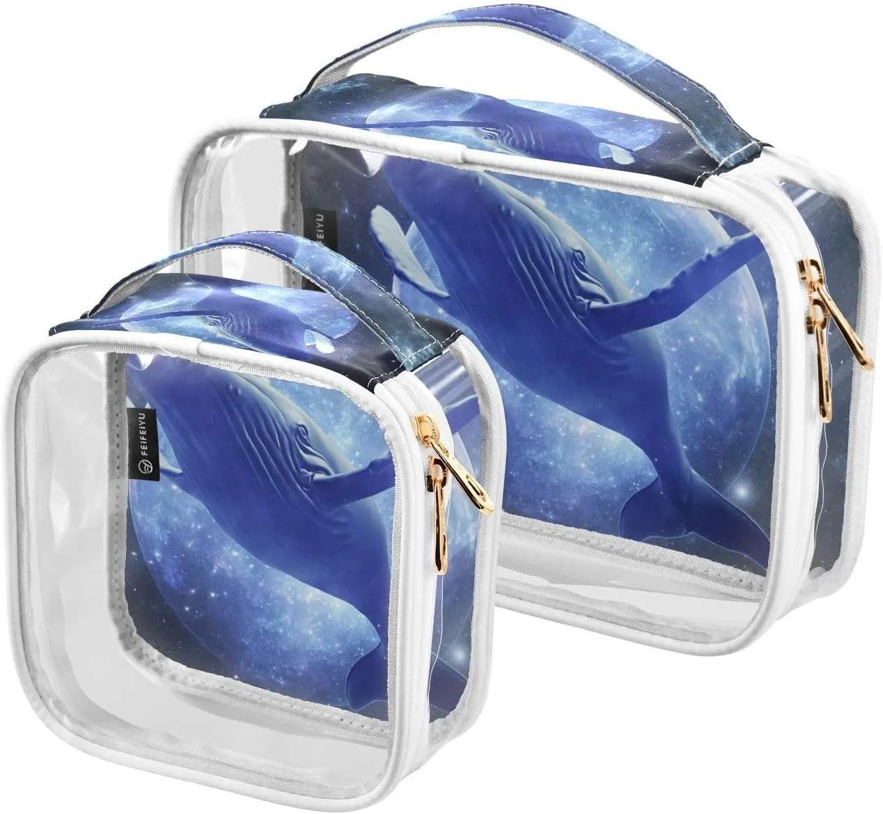 Humpback-whale Print 2 Pack Clear Toiletry Bag Women Men, Portable Waterproof Clear Pouch, Cosmetic Bag with Double Zippers Large Opening Traveling with Handle for Bathroom Traveling Vacation Organizi