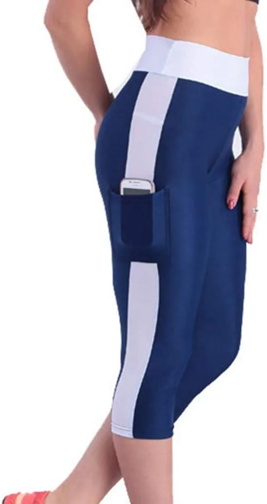 iQKA Side Leggings Waist Tummy Women's High Pockets Capris Control Yoga Workout Pants
