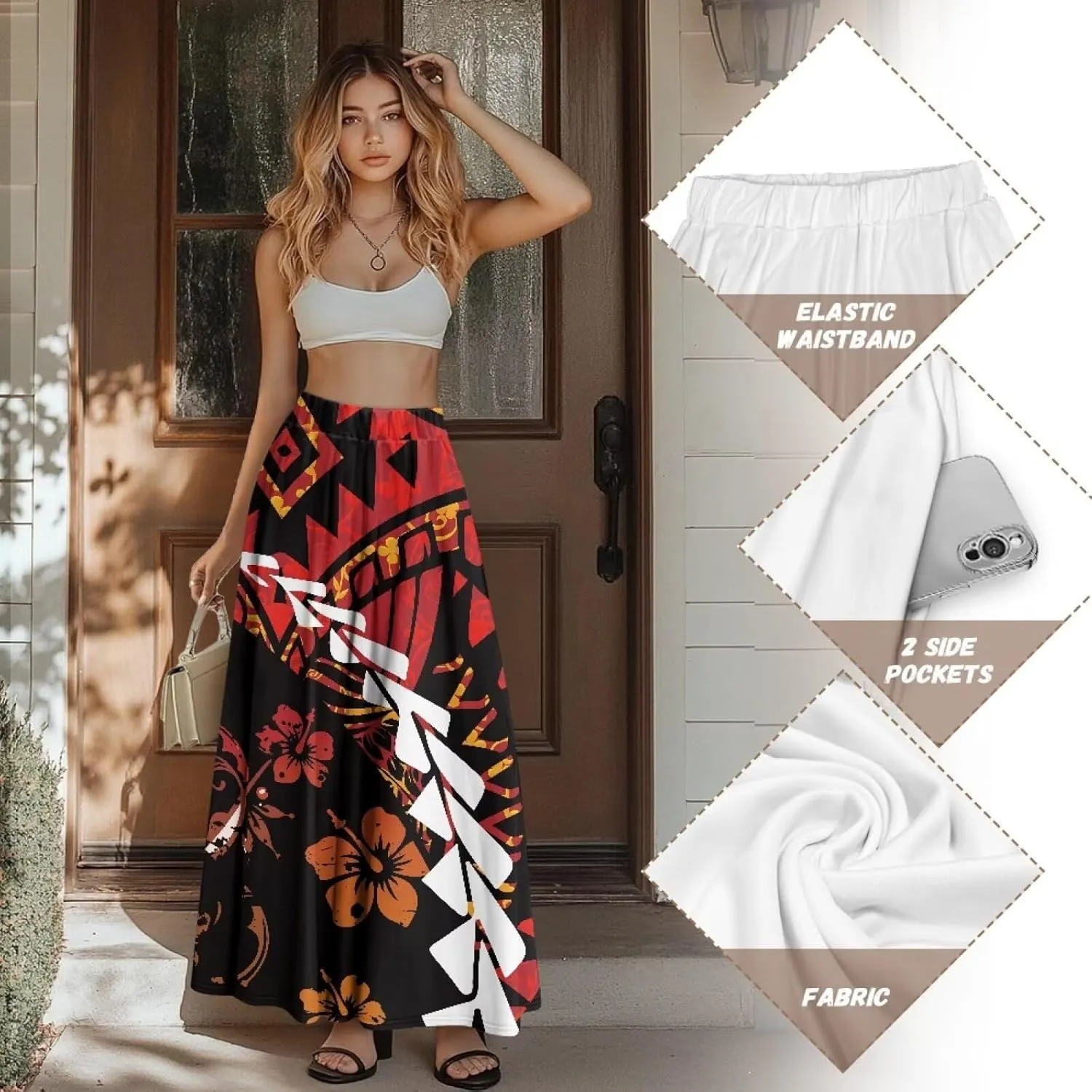 Irisjudy Women Boho Maxi Long Skirt Galaxy Jellyfish A Line Long Skirts with Pocket Jungle Mushroom Beach Holiday Maxi Skirts