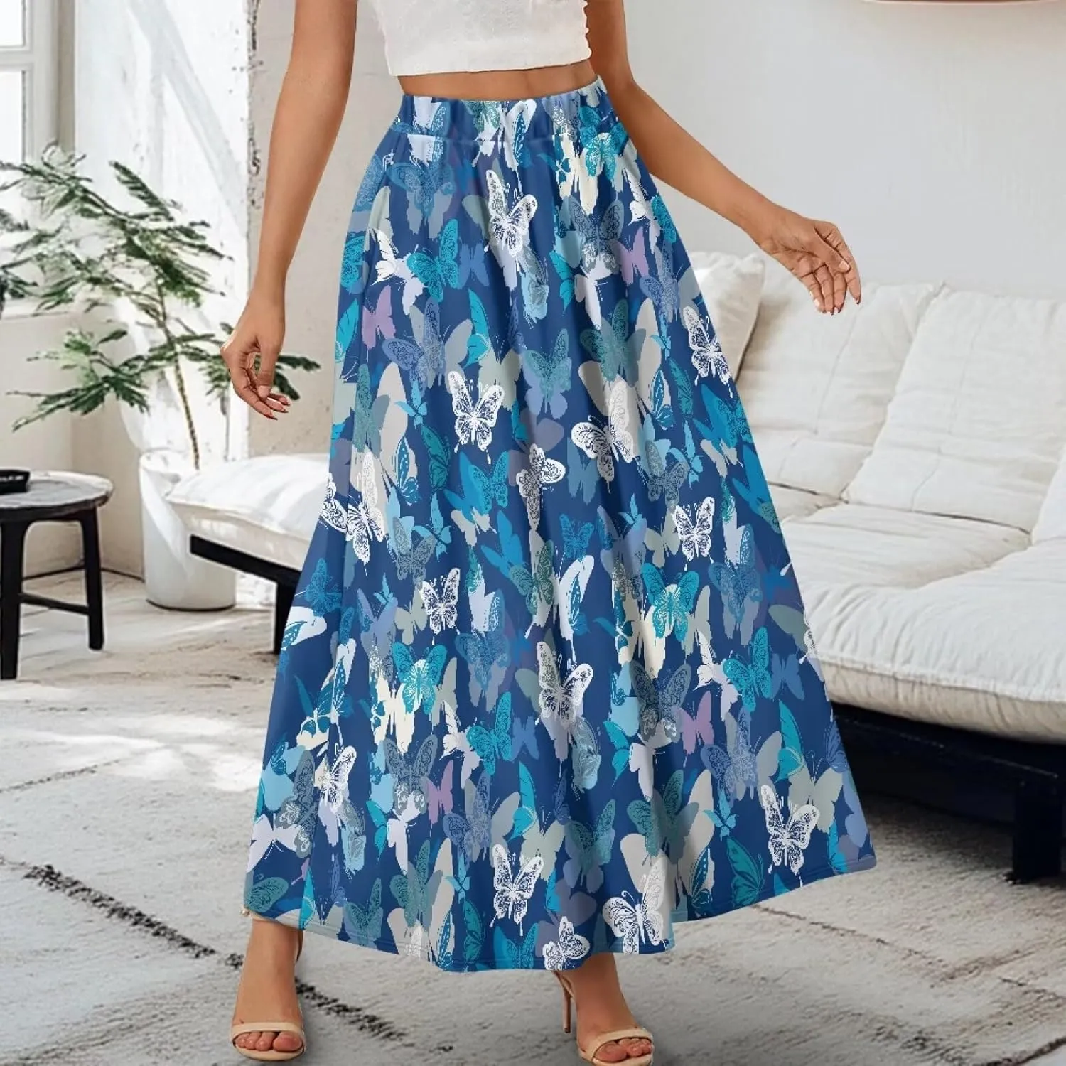 Irisjudy Women Boho Maxi Long Skirt Galaxy Jellyfish A Line Long Skirts with Pocket Jungle Mushroom Beach Holiday Maxi Skirts