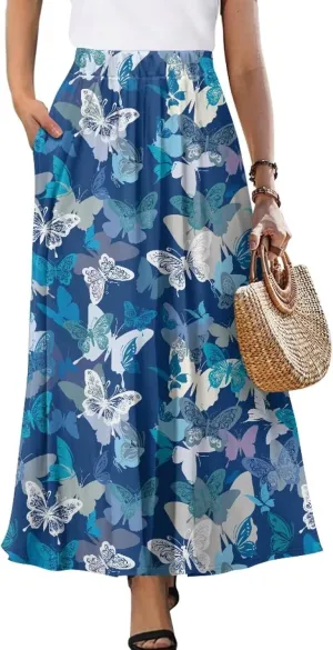 Irisjudy Women Boho Maxi Long Skirt Galaxy Jellyfish A Line Long Skirts with Pocket Jungle Mushroom Beach Holiday Maxi Skirts