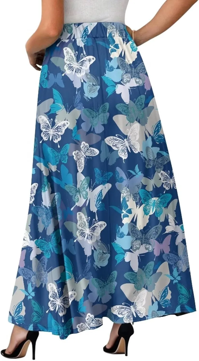 Irisjudy Women Boho Maxi Long Skirt Galaxy Jellyfish A Line Long Skirts with Pocket Jungle Mushroom Beach Holiday Maxi Skirts