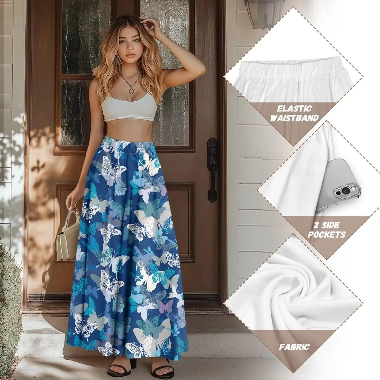 Irisjudy Women Boho Maxi Long Skirt Galaxy Jellyfish A Line Long Skirts with Pocket Jungle Mushroom Beach Holiday Maxi Skirts
