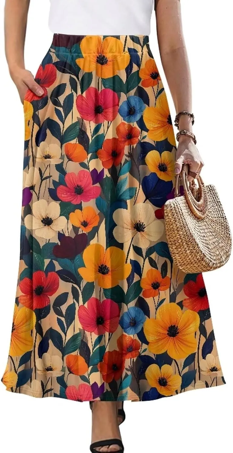 Irisjudy Women's Flare Long Maxi Skirt Magical Mushroom Casual Elastic Waisted Pleated Skirt Tie Dye Long Skirt with Pockets
