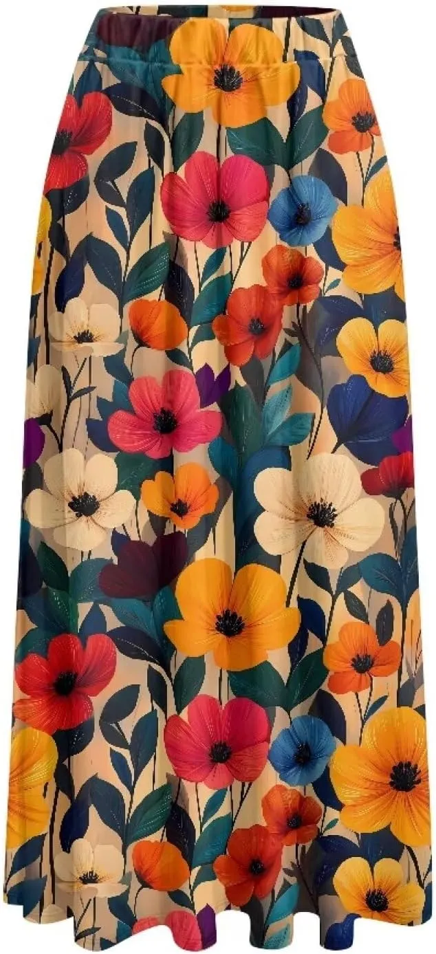 Irisjudy Women's Flare Long Maxi Skirt Magical Mushroom Casual Elastic Waisted Pleated Skirt Tie Dye Long Skirt with Pockets