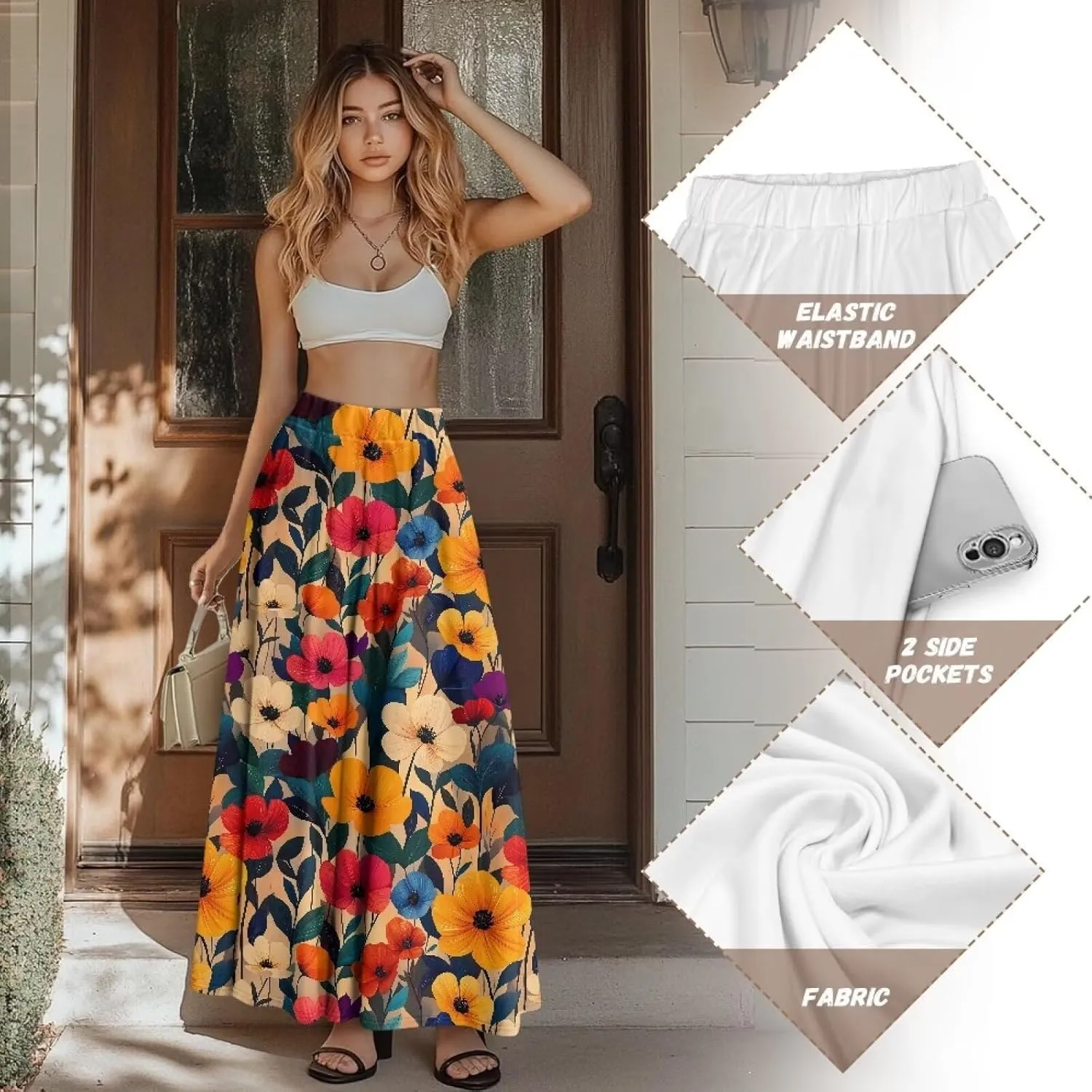 Irisjudy Women's Flare Long Maxi Skirt Magical Mushroom Casual Elastic Waisted Pleated Skirt Tie Dye Long Skirt with Pockets