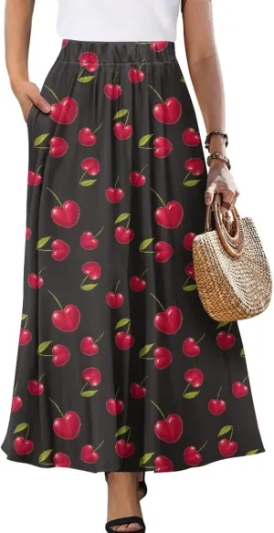 Irisjudy Women's Flare Long Maxi Skirt Magical Mushroom Casual Elastic Waisted Pleated Skirt Tie Dye Long Skirt with Pockets