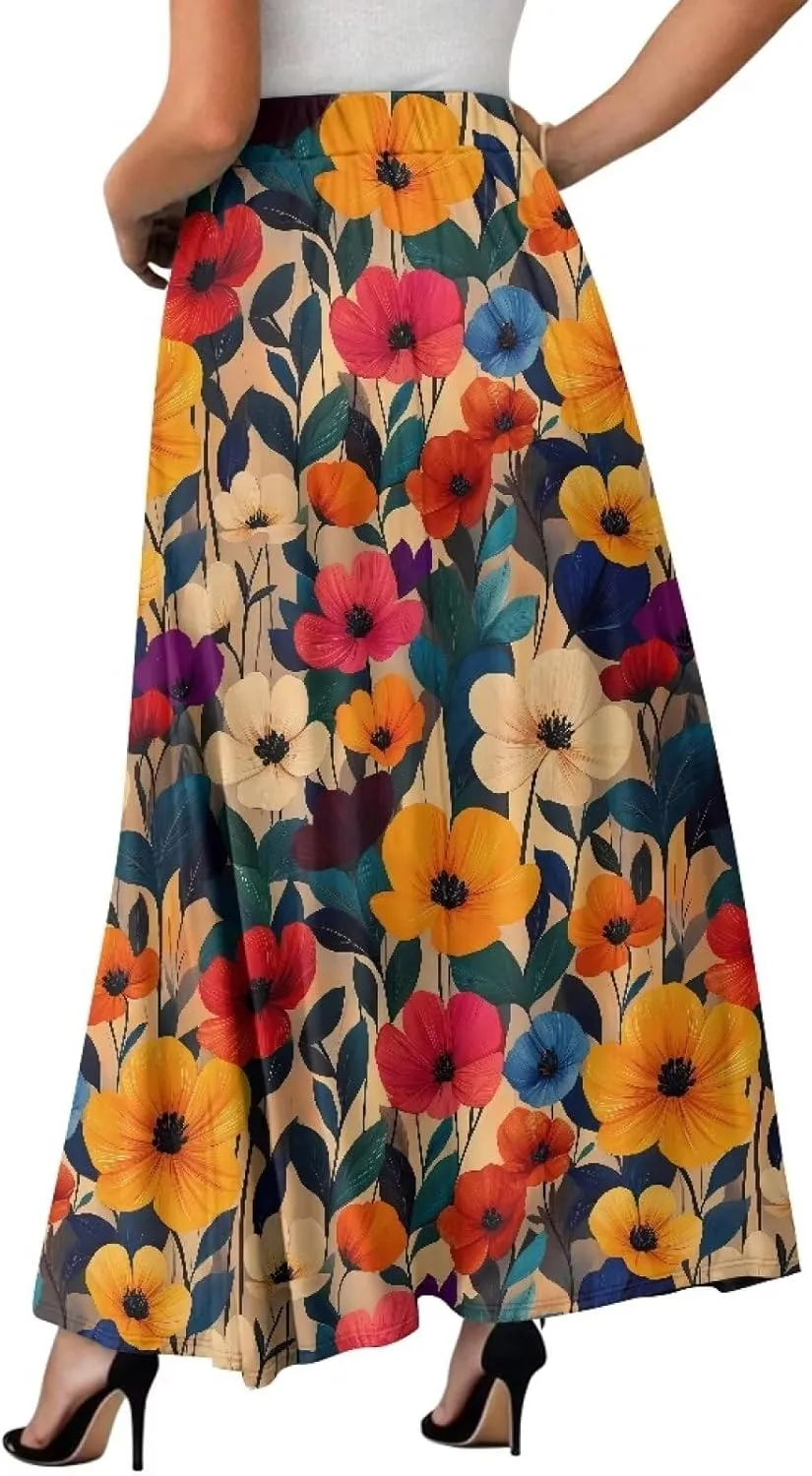 Irisjudy Women's Flare Long Maxi Skirt Magical Mushroom Casual Elastic Waisted Pleated Skirt Tie Dye Long Skirt with Pockets