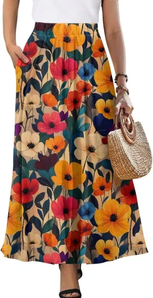 Irisjudy Women's Flare Long Maxi Skirt Magical Mushroom Casual Elastic Waisted Pleated Skirt Tie Dye Long Skirt with Pockets