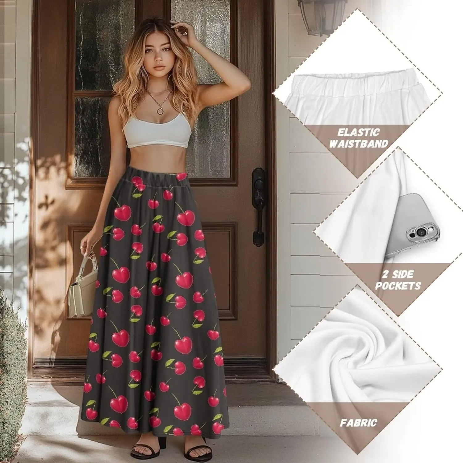 Irisjudy Women's Flare Long Maxi Skirt Magical Mushroom Casual Elastic Waisted Pleated Skirt Tie Dye Long Skirt with Pockets