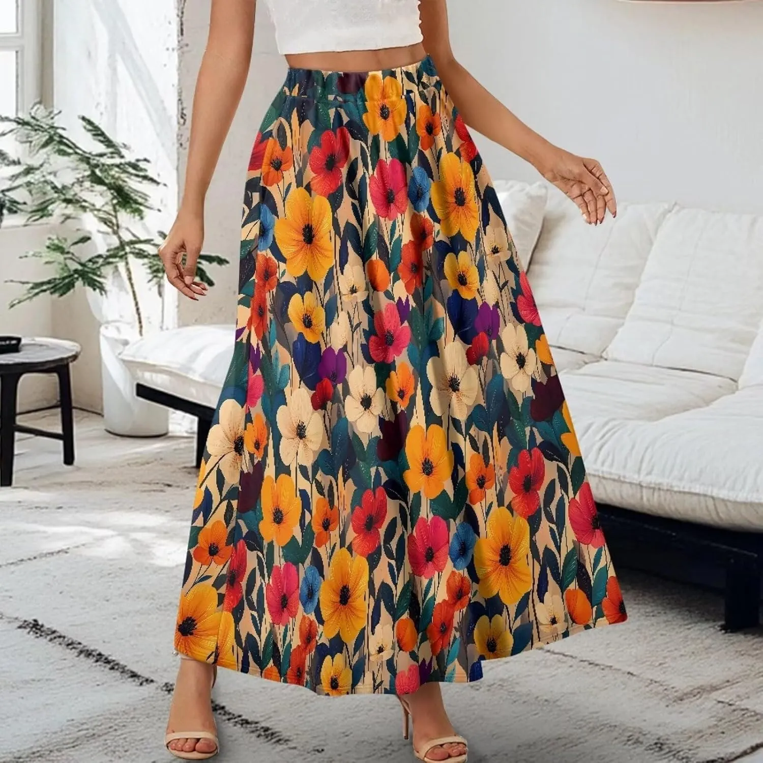 Irisjudy Women's Flare Long Maxi Skirt Magical Mushroom Casual Elastic Waisted Pleated Skirt Tie Dye Long Skirt with Pockets