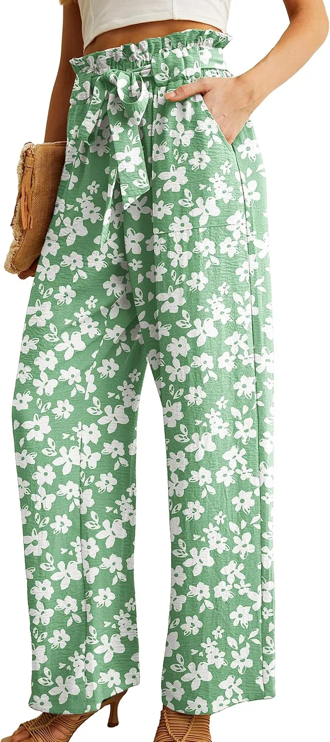 IWOLLENCE Women's Wide Leg Pants with Pockets High Waist Adjustable Knot Loose Casual Trousers Business Work Casual Pants
