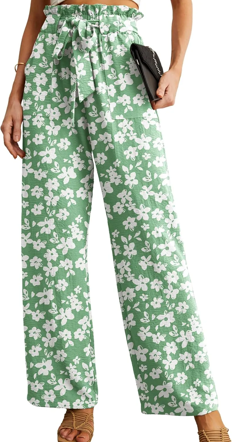 IWOLLENCE Women's Wide Leg Pants with Pockets High Waist Adjustable Knot Loose Casual Trousers Business Work Casual Pants