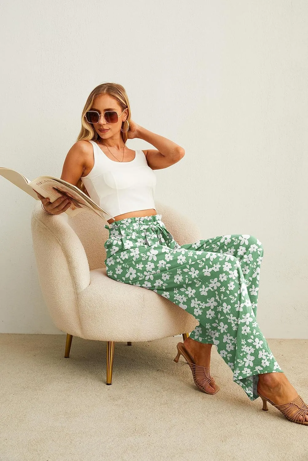 IWOLLENCE Women's Wide Leg Pants with Pockets High Waist Adjustable Knot Loose Casual Trousers Business Work Casual Pants