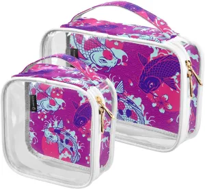 Japanese-koi-fish Print 2 Pack Clear Toiletry Bag Women Men, Portable Waterproof Clear Pouch, Cosmetic Bag with Double Zippers Large Opening Traveling with Handle for Bathroom Traveling Vacation Organ