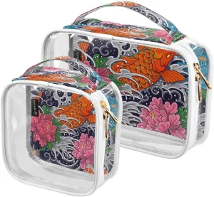 Japanese-koi-pattern 2 Pack Clear Toiletry Bag Women Men, Portable Waterproof Clear Pouch, Cosmetic Bag with Double Zippers Large Opening Traveling with Handle for Bathroom Traveling Vacation Organizi
