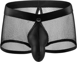JEsilunmaMY Men's See Through Boxer Briefs Mesh Hollow Underwear with Removable Pouch Open Crotch Leather Lingerie Clubwear