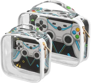 Joystick-game-console-colorful Print 2 Pack Clear Toiletry Bag Women Men, Portable Waterproof Clear Pouch, Cosmetic Bag with Double Zippers Large Opening Traveling with Handle for Bathroom Traveling V