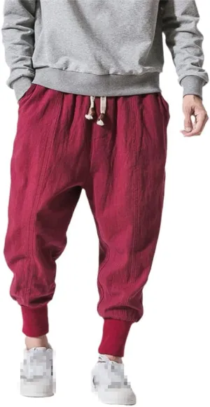 keusyoi Chinese Style Harem Pants Men Casual Joggers Pants Mens Cotton Linen Sweatpants Ankle-Length Men Trousers
