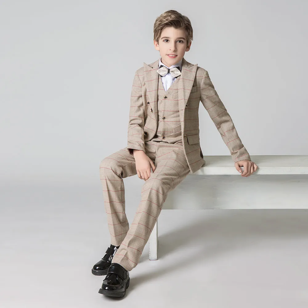 Khaki Plaid Elegant Formal 5 Piece Boys Suits