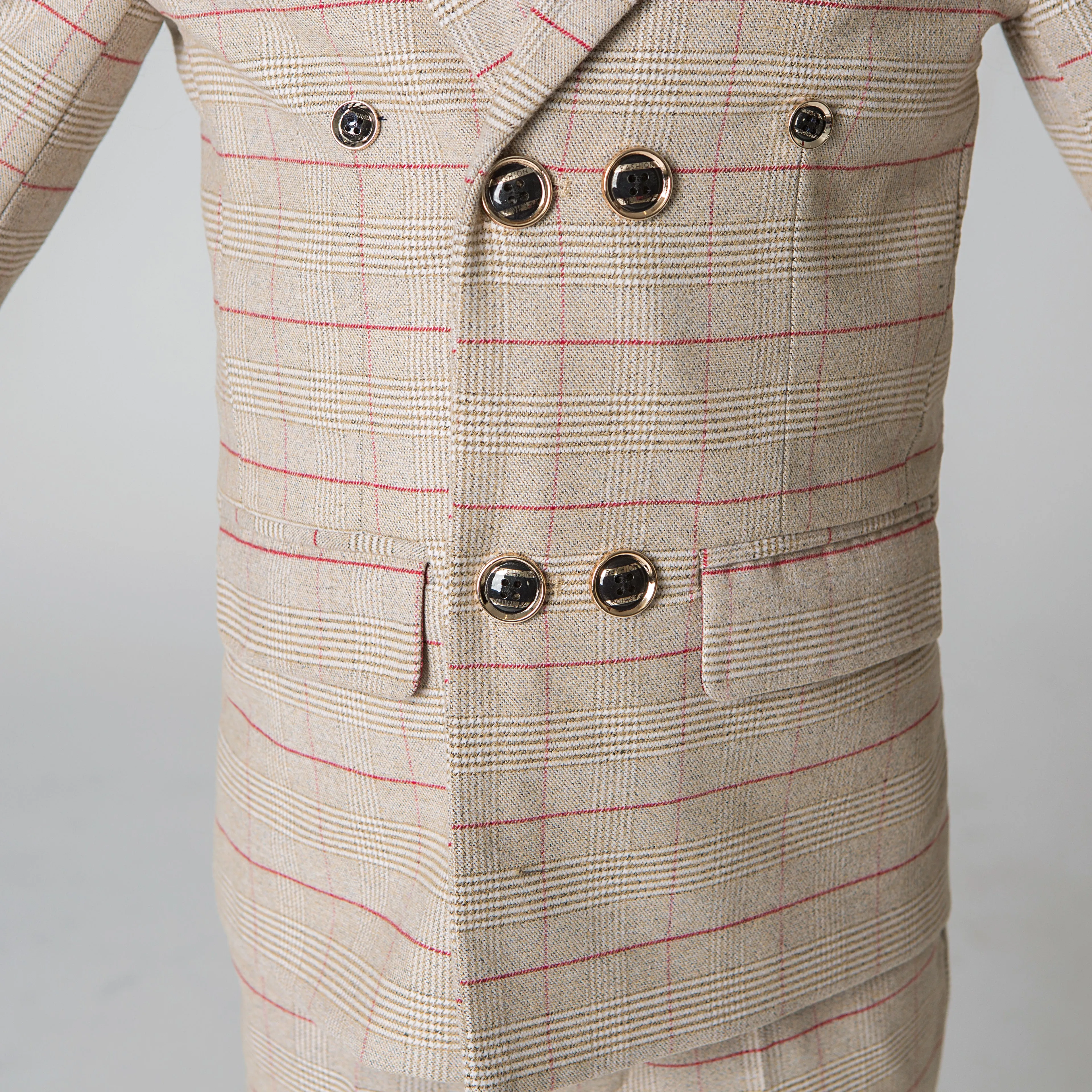 Khaki Plaid Elegant Formal 5 Piece Boys Suits