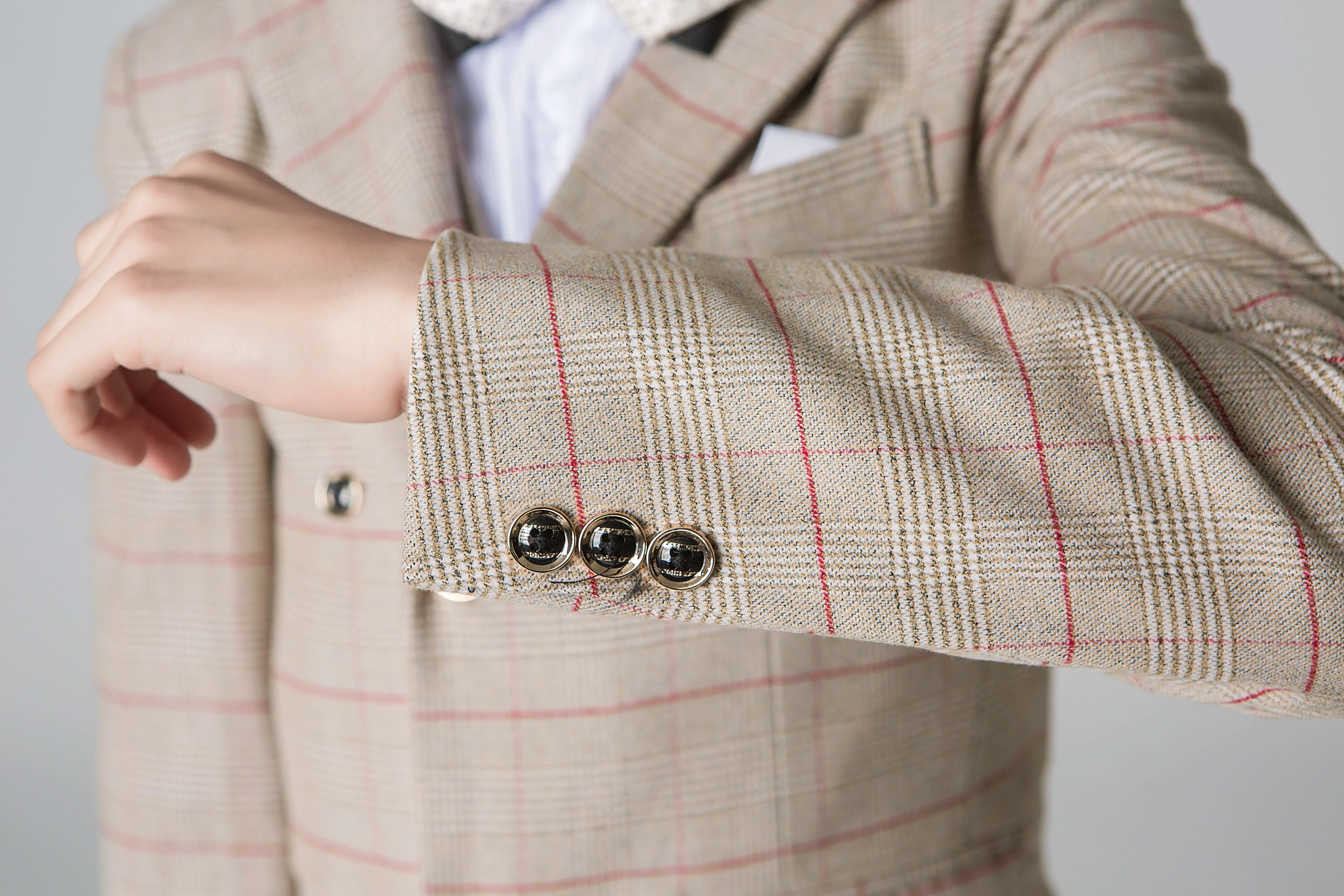 Khaki Plaid Elegant Formal 5 Piece Boys Suits