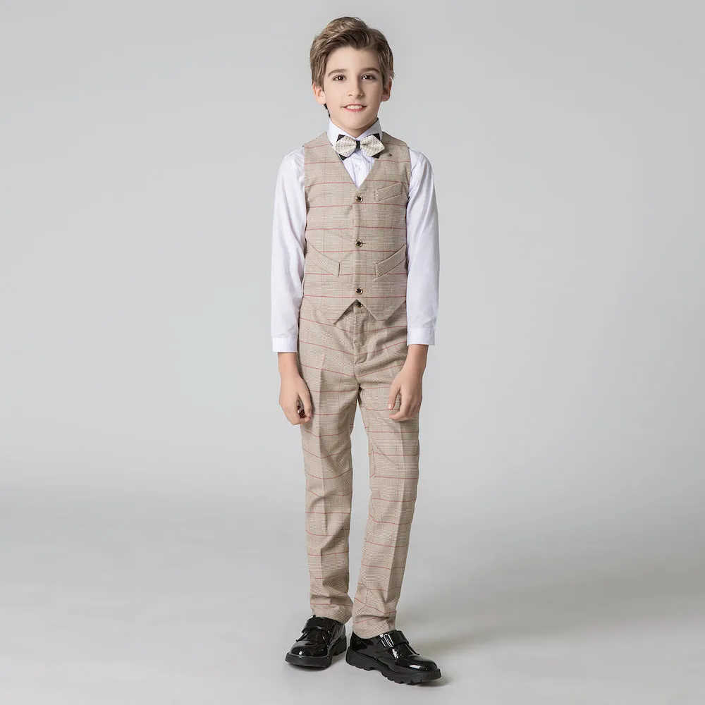 Khaki Plaid Elegant Formal 5 Piece Boys Suits