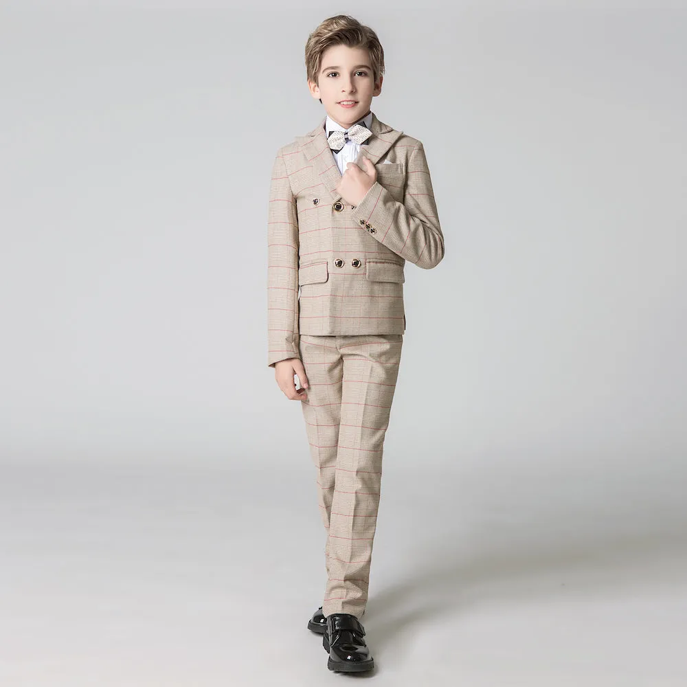 Khaki Plaid Elegant Formal 5 Piece Boys Suits